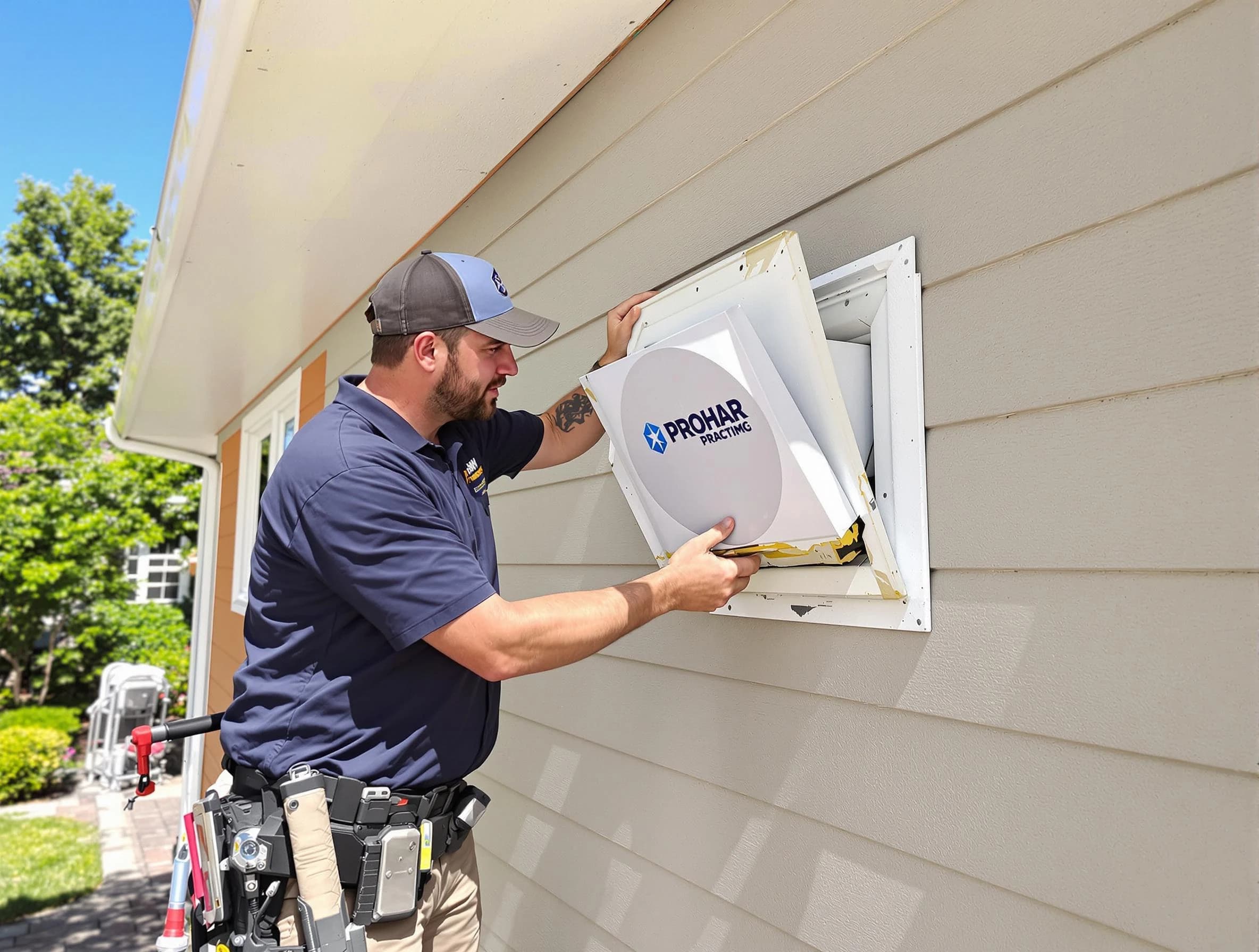 Springville Dryer Vent Cleaning technician installing a new protective dryer vent cover on a home in Springville