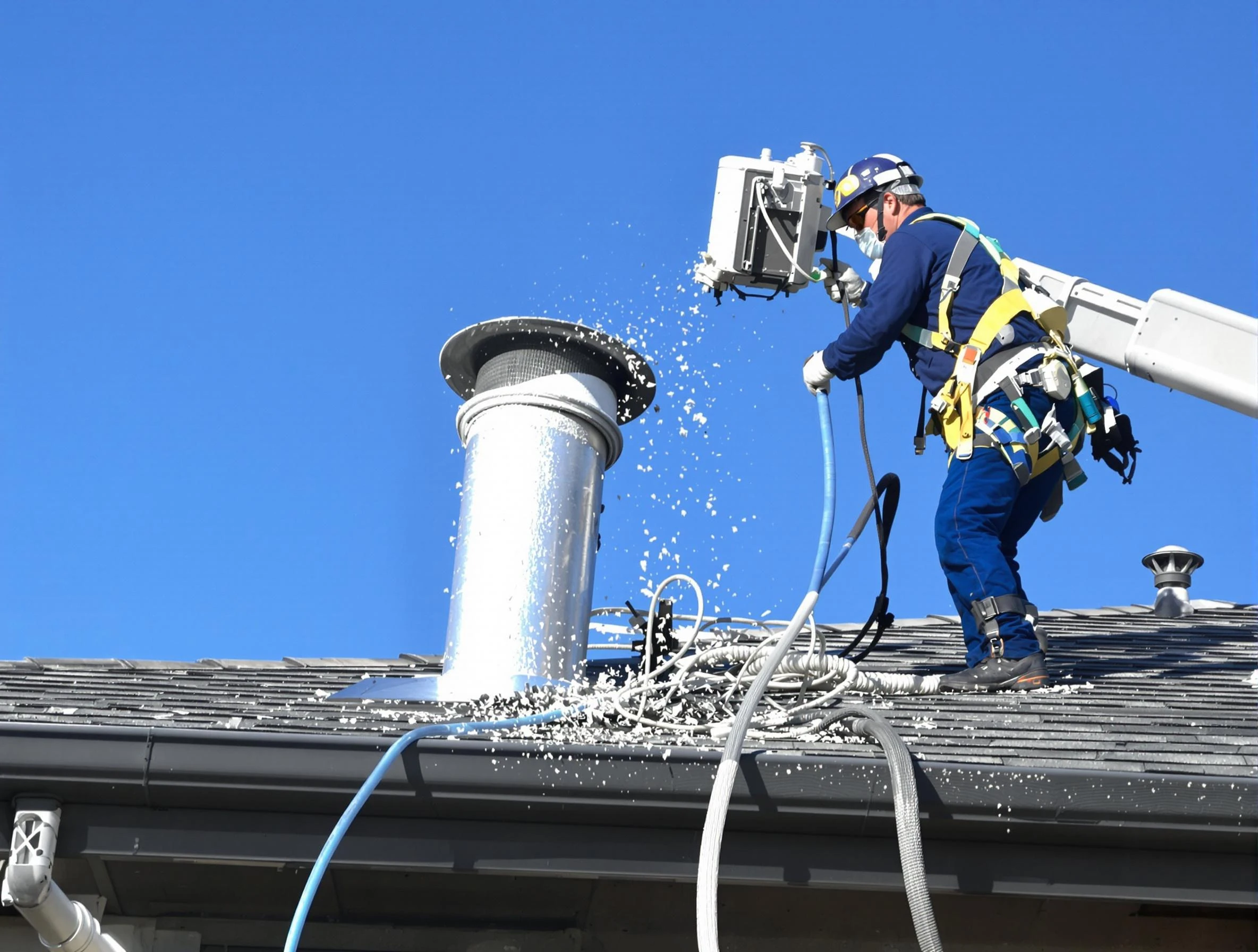 Springville Dryer Vent Cleaning certified technician safely cleaning a roof-mounted dryer vent in Springville